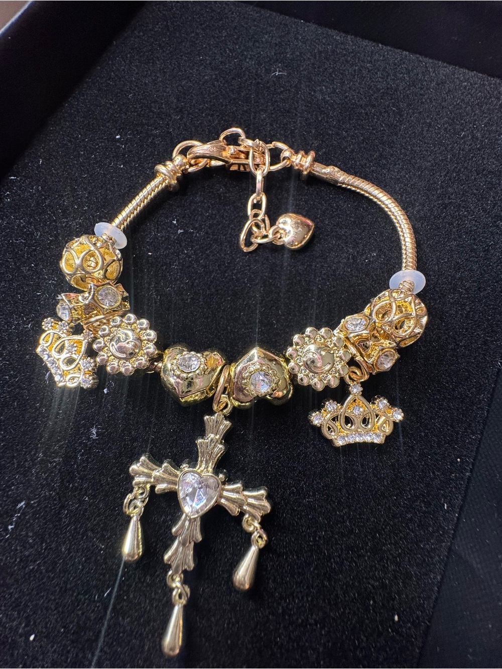 Gold-Tone Charm Bracelet with Cross and Crown Charms